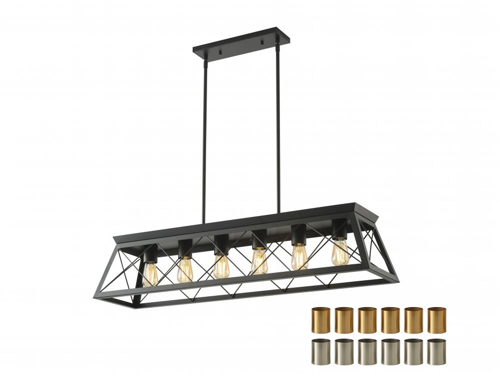42" Long 6x60W -Linear Pendant in Bllack finish medium base with Replaceable socket rings Gold